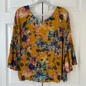 Ava & Viv yellow blue teal pink floral bell sleeve top 0X